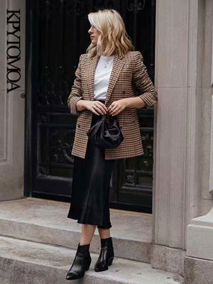 KPYTOMOA Women Fashion Office Wear Double Breasted Check Blazers Coat Vintage Long Sleeve Pockets Female Outerwear Chic Tops