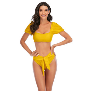 Sexy Bikini 2022 New 2 Piece Women Swimsuit Solid Color Short Puff Sleeve Summer High Waist Cut Backless Bathing Suit Beachwear