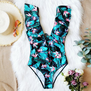 Sexy shoulders ruffled one-piece swimsuit printed floral swimsuit women&#39;s swimsuit swimwear beachwear Monokini