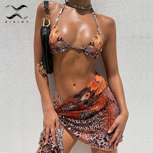 Brazilian floral print swimsuit 3-piece mesh bikini set Triangle micro swimwear women String high cut bathing suit Beach wear