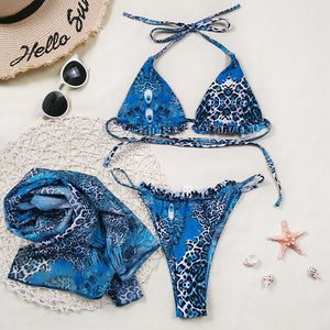 Brazilian floral print swimsuit 3-piece mesh bikini set Triangle micro swimwear women String high cut bathing suit Beach wear