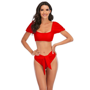 Sexy Bikini 2022 New 2 Piece Women Swimsuit Solid Color Short Puff Sleeve Summer High Waist Cut Backless Bathing Suit Beachwear