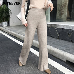 BGTEEVER Autumn Winter Women Thick pant Loose Elastic Waist Straight Leg Knitted Long Pant 2021 Ladies Casual Sweater Trouser