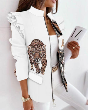 2022 Spring Print Women&#39;s Blazer Coat Zipper Ruffled Long Sleeve Blazers Female Casual Fashion Elegant Office Formal Lady Coats