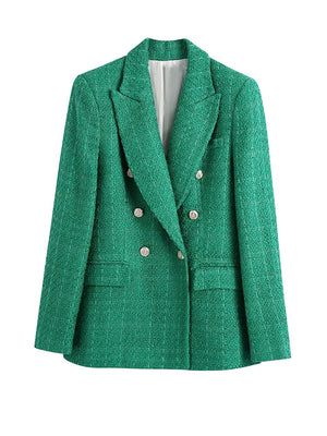 TRAF Women Fashion Double Breasted Tweed Green Blazer Coat Vintage Long Sleeve Flap Pockets Female Outerwear Chic Veste