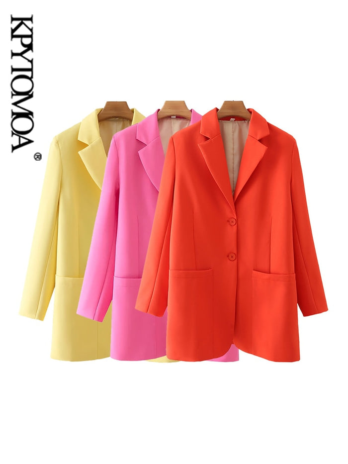 KPYTOMOA Women  Fashion Single Breasted Office Wear Blazer Coat Vintage Long Sleeve Patch Pockets Female Outerwear Chic Tops