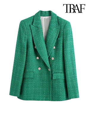 TRAF Women Fashion Double Breasted Tweed Green Blazer Coat Vintage Long Sleeve Flap Pockets Female Outerwear Chic Veste