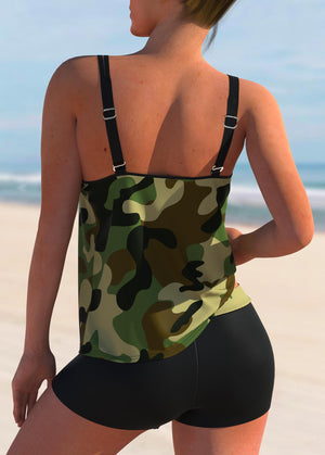 2022 Women Summer Beachwear Camouflage Printed Swim Tankini Monokini Swimwear Bathing Suit Two Pieces Plus Size Bikini Swimsuits