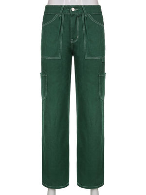 Rockmore Green Vintage Baggy Jeans Women&#39;S Pockets Wide Leg Cargo Pants Streetwear Casual Low Waist Denim Straight Trousers 2021