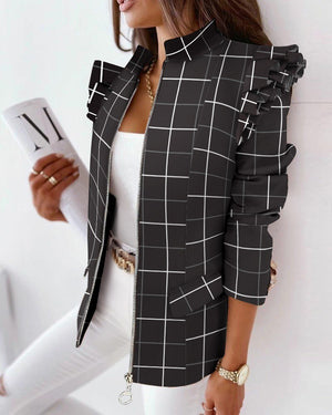 2022 Spring Print Women&#39;s Blazer Coat Zipper Ruffled Long Sleeve Blazers Female Casual Fashion Elegant Office Formal Lady Coats