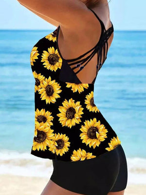 Sunflower Hollow Out Criss-Cross Tankini Set Swimsuit Sunflower Printing Sleeveless Sling Bathing Beachwear