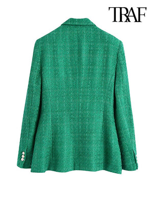 TRAF Women Fashion Double Breasted Tweed Green Blazer Coat Vintage Long Sleeve Flap Pockets Female Outerwear Chic Veste