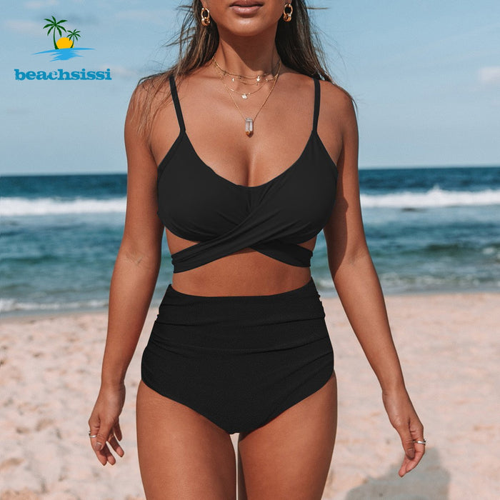 Beachsissi Women&#39;s Solid Bikini Set New Twist Front Tie Back Swimwear High Waist Ruched Bottom Swimming Bathing Swimsuit