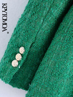 KPYTOMOA Women  Fashion Double Breasted Tweed Green Blazer Coat Vintage Long Sleeve Flap Pockets Female Outerwear Chic Veste