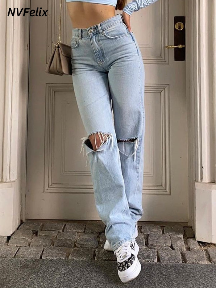 Womens Loose Fit Jeans 2022 Ripped Wide Leg For Women High Waist Blue Wash Casual Cotton Denim Trousers Summer Baggy Jean Pants