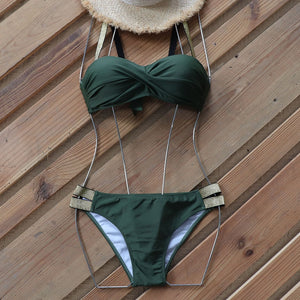 Riseado Push Up Bikini Set Green Swimsuit Women Swimwear 2022 Shiny Strap Bathing Suit Bandeau Biquini Female Twisted Beachwear