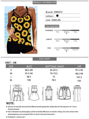 Sunflower Hollow Out Criss-Cross Tankini Set Swimsuit Sunflower Printing Sleeveless Sling Bathing Beachwear