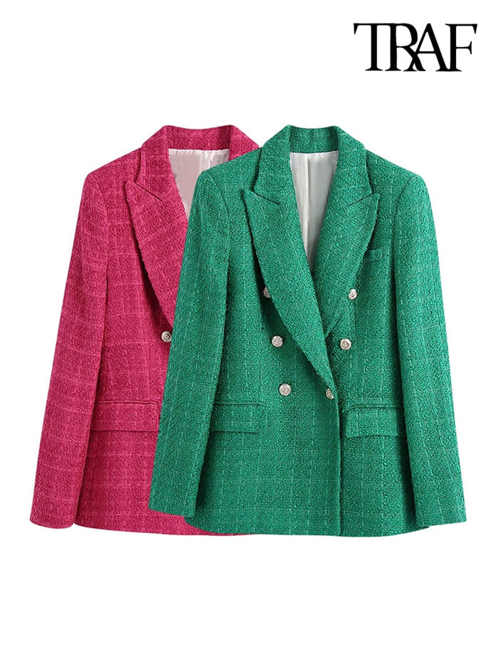 TRAF Women Fashion Double Breasted Tweed Green Blazer Coat Vintage Long Sleeve Flap Pockets Female Outerwear Chic Veste