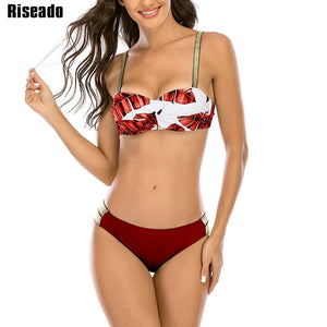 Riseado Push Up Bikini Set Green Swimsuit Women Swimwear 2022 Shiny Strap Bathing Suit Bandeau Biquini Female Twisted Beachwear