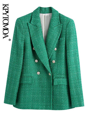 KPYTOMOA Women  Fashion Double Breasted Tweed Green Blazer Coat Vintage Long Sleeve Flap Pockets Female Outerwear Chic Veste