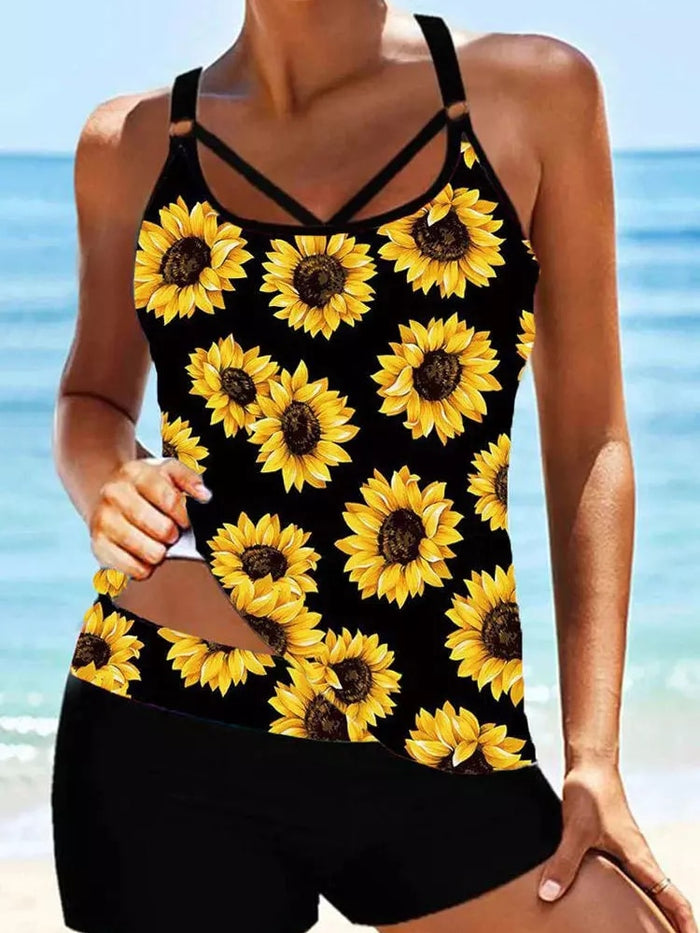 Sunflower Hollow Out Criss-Cross Tankini Set Swimsuit Sunflower Printing Sleeveless Sling Bathing Beachwear