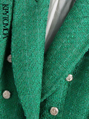 KPYTOMOA Women  Fashion Double Breasted Tweed Green Blazer Coat Vintage Long Sleeve Flap Pockets Female Outerwear Chic Veste