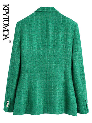 KPYTOMOA Women  Fashion Double Breasted Tweed Green Blazer Coat Vintage Long Sleeve Flap Pockets Female Outerwear Chic Veste