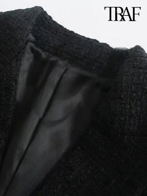 TRAF Women Fashion With Metal Button Tweed Blazer Coat Vintage Long Sleeve Flap Pockets Female Outerwear Chic Veste