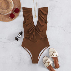 2022 Sexy Ruffle Swimsuit One Piece Swimwear Women Summer Push Up Bathing Suit Solid Swimming Suit Monokini Beach Wear Bikini