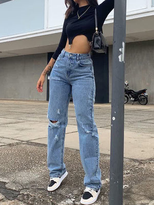2022 Fashion Ripped Jeans Women High Waist Straight Denim Mom Pants Baggy Jeans Women Washed Blue Casual Female Cotton Pants New
