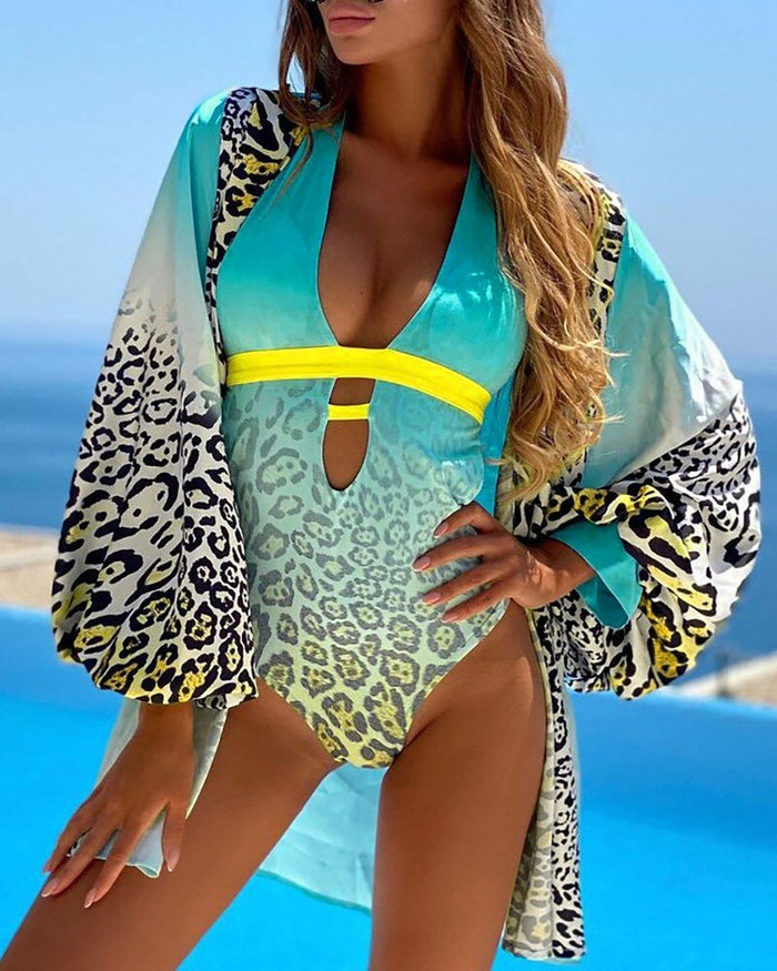 Mandylandy Women Elegant Beach Suit Bikini Set Sexy Fashion Bodysuit + Cardigan Two Piece Set Swimsuit Swimwear Bathing Set