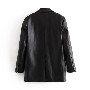 ZA Elegant Black PU Blazer Women Casual Long Sleeve Single Button Office Suit Jacket Winter Autumn Ladies Korean Blazer 2021 New
